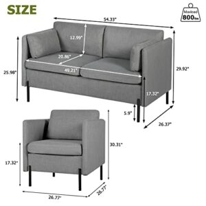 Living Room Sofa Set of 3, Modern Loveseat Couch & Comfy Accent Arm Chair w/Pillows, Metal Legs, Upholstered Love Seats Furniture for Bedroom, Office, Small Space, Apartment Grey 3PCS, (183)