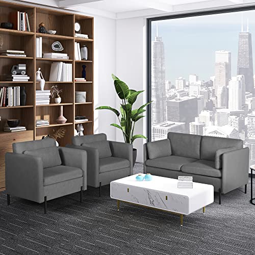 Living Room Sofa Set of 3, Modern Loveseat Couch & Comfy Accent Arm Chair w/Pillows, Metal Legs, Upholstered Love Seats Furniture for Bedroom, Office, Small Space, Apartment Grey 3PCS, (183)