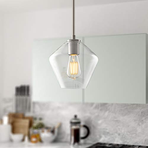 Linea di Liara Macaria Modern Glass Farmhouse Pendant Lighting for Kitchen Island and Over Sink Lighting Fixtures Brushed Nickel Pendant Light Hanging Ceiling Light Angled Clear Glass Shade, UL Listed
