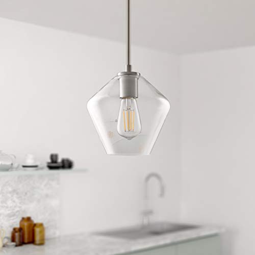 Linea di Liara Macaria Modern Glass Farmhouse Pendant Lighting for Kitchen Island and Over Sink Lighting Fixtures Brushed Nickel Pendant Light Hanging Ceiling Light Angled Clear Glass Shade, UL Listed