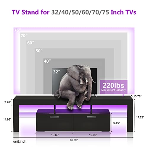 Tantmis Black LED TV Stand for 55/65/70/75 inch TV, TV Media Center, Modern Entertainment Center with Large Storage for Living Room, Bedroom, Gaming TV Stand, 63'W*14'D*18'H