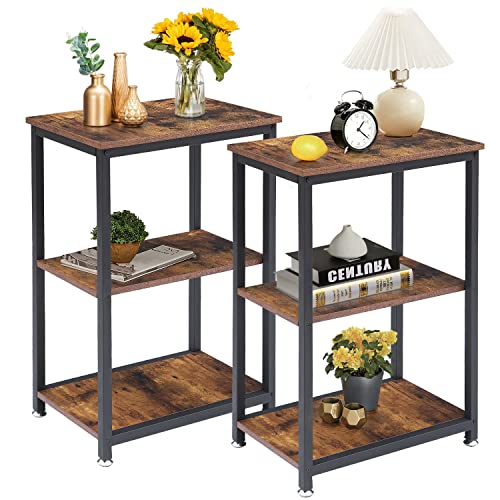 VECELO Tall End Side Tables Set of 2, 30" Height Nightstand with 3-Tier Storage Shelf for Living Room Bedroom Office Hallway Study, 2, Dark Brown/2pcs