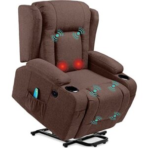 best choice products electric power lift linen recliner massage chair, adjustable furniture for back, lumbar, legs w/ 3 positions, usb port, heat, cupholders, easy-to-reach side button – brown