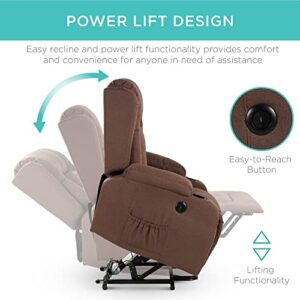 Best Choice Products Electric Power Lift Linen Recliner Massage Chair, Adjustable Furniture for Back, Lumbar, Legs w/ 3 Positions, USB Port, Heat, Cupholders, Easy-to-Reach Side Button - Brown
