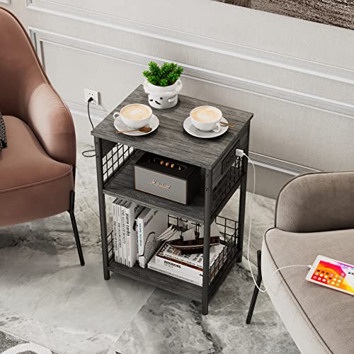 LDTTCUK Side Table with Charging Station & USB Ports,3-Tier End Table for Living Room,Study,Bedroom,Narrow Sofa Table Bedside Table with Storage Shelf,Gray Small Nightstand