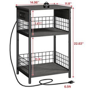 LDTTCUK Side Table with Charging Station & USB Ports,3-Tier End Table for Living Room,Study,Bedroom,Narrow Sofa Table Bedside Table with Storage Shelf,Gray Small Nightstand