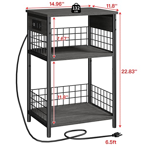 LDTTCUK Side Table with Charging Station & USB Ports,3-Tier End Table for Living Room,Study,Bedroom,Narrow Sofa Table Bedside Table with Storage Shelf,Gray Small Nightstand