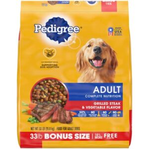 pedigree complete nutrition adult dry dog food roasted chicken, rice & vegetable flavor dog kibble, 33 lb. bag