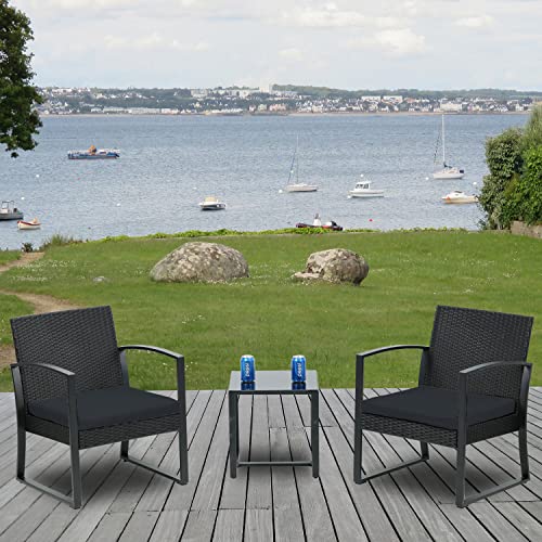 BPS 3 Pieces Patio Furniture Set, Outdoor Rattan Wicker Chairs with Table, 3 Pcs Sofa Set with Cushion, Conversation Furniture for Garden Poolside