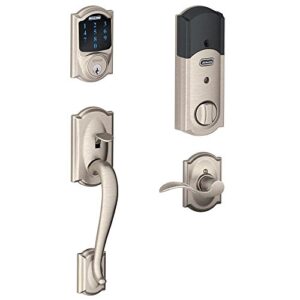 schlage connect camelot touchscreen deadbolt with built-in alarm and handleset grip with accent lever, satin nickel, fe469nx acc 619 cam rh, works with alexa