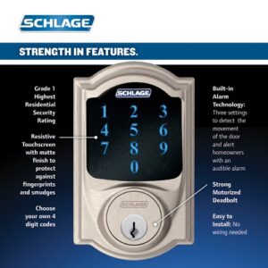 SCHLAGE Connect Camelot Touchscreen Deadbolt with Built-In Alarm and Handleset Grip with Accent Lever, Satin Nickel, FE469NX ACC 619 CAM RH, Works with Alexa