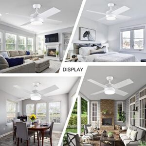 SNJ 44 inch White Ceiling Fans with Lights and Remote, Wood Grain, Low Profile, Modern, Ceiling Fan, Bedroom, Indoor, Outdoor, Home, Fandelier, LED, Dimmable, Tri-Color Temperature, Quiet Reversible