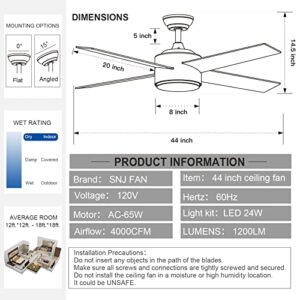 SNJ 44 inch White Ceiling Fans with Lights and Remote, Wood Grain, Low Profile, Modern, Ceiling Fan, Bedroom, Indoor, Outdoor, Home, Fandelier, LED, Dimmable, Tri-Color Temperature, Quiet Reversible