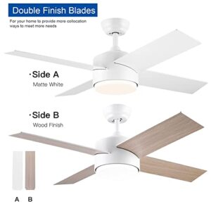 SNJ 44 inch White Ceiling Fans with Lights and Remote, Wood Grain, Low Profile, Modern, Ceiling Fan, Bedroom, Indoor, Outdoor, Home, Fandelier, LED, Dimmable, Tri-Color Temperature, Quiet Reversible