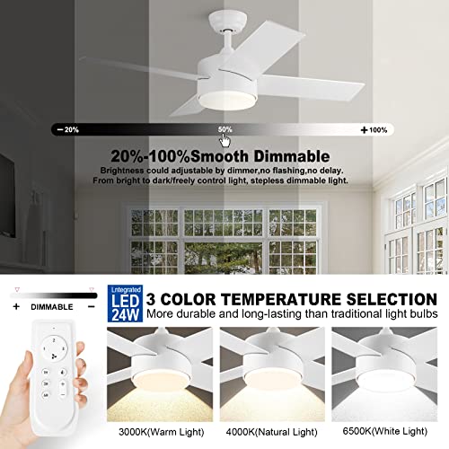 SNJ 44 inch White Ceiling Fans with Lights and Remote, Wood Grain, Low Profile, Modern, Ceiling Fan, Bedroom, Indoor, Outdoor, Home, Fandelier, LED, Dimmable, Tri-Color Temperature, Quiet Reversible