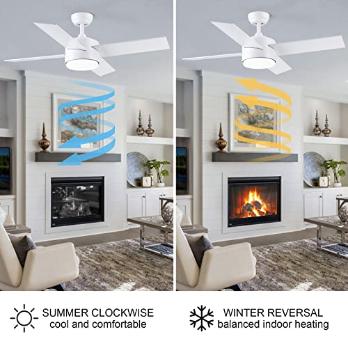 SNJ 44 inch White Ceiling Fans with Lights and Remote, Wood Grain, Low Profile, Modern, Ceiling Fan, Bedroom, Indoor, Outdoor, Home, Fandelier, LED, Dimmable, Tri-Color Temperature, Quiet Reversible