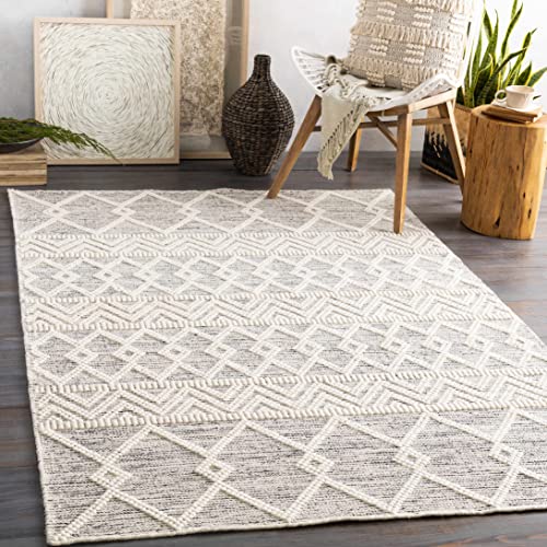 Woolk Moroccan Farmhouse Hand Woven Living Room Bedroom Nursery Wool Area Rug - Vintage Handmade Bohemian Style - Boho Diamond Southwestern Pattern - Beige, White, Brown - 6' x 9'