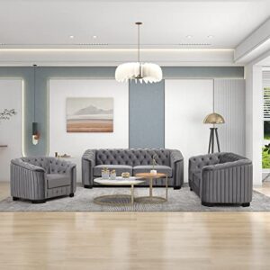 Merax Modern 3-Piece Velvet Upholstered Sofa Sets with Rubber Wood Legs, Including Three Seat Couch, Loveseat and Single Chair for Living Room, Grey - A+B+C