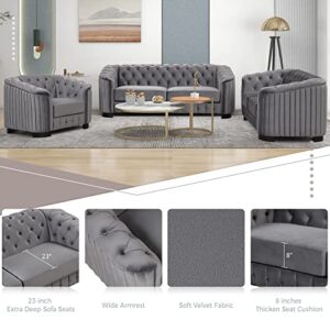 Merax Modern 3-Piece Velvet Upholstered Sofa Sets with Rubber Wood Legs, Including Three Seat Couch, Loveseat and Single Chair for Living Room, Grey - A+B+C