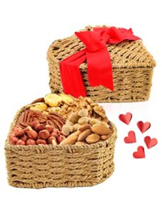 easter heart shaped gift basket, premium assorted nuts, hazelnuts, almonds, walnuts, brazil nuts, with unique heart shaped basket romantic arrangement