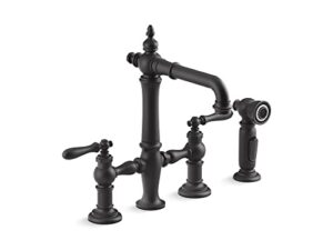 kohler 76520-4-bl artifacts deck-mount bridge bar sink faucet with lever handles and sidespray, matte black