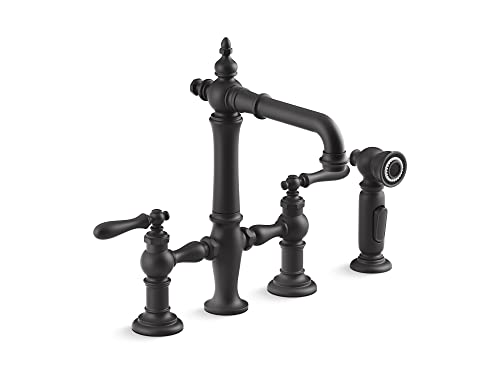 Kohler 76520-4-BL Artifacts Deck-Mount Bridge bar Sink Faucet with Lever Handles and sidespray, Matte Black