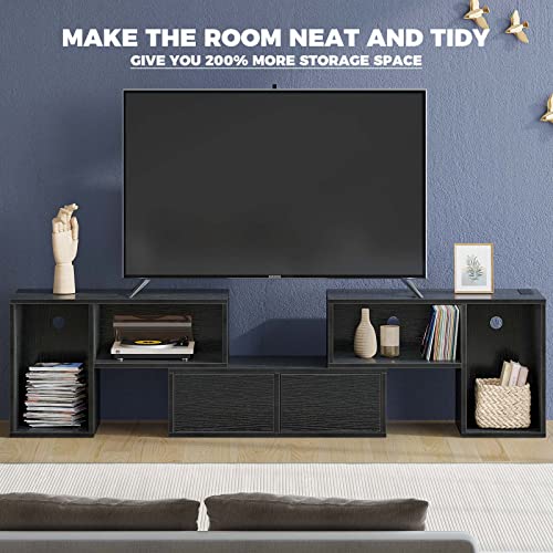 Rolanstar TV Stand, Deformable TV Stand with LED Strip & Power Outlets, Modern Entertainment Center for 45/50/55/60/65/70 inch tvs, 3 Pieces TV Stand with Open Storage and 2 Storage Cabinet, Black