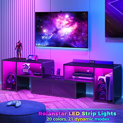 Rolanstar TV Stand, Deformable TV Stand with LED Strip & Power Outlets, Modern Entertainment Center for 45/50/55/60/65/70 inch tvs, 3 Pieces TV Stand with Open Storage and 2 Storage Cabinet, Black