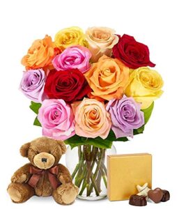 from you flowers – one dozen rainbow roses with chocolates & bear with free vase (fresh flowers)