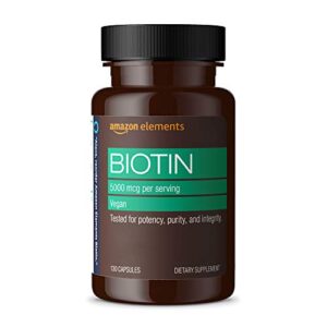 amazon elements vegan biotin 5000 mcg – hair, skin, nails – 130 capsules (4 month supply) (packaging may vary)