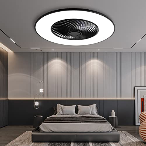 YANASO Ceiling Fan with Light Modern Bladeless Ceiling Fan with Remote Control Smart LED Dimmable Lighting Indoor Low Profile Ceiling Fan Flush Mount (Black)