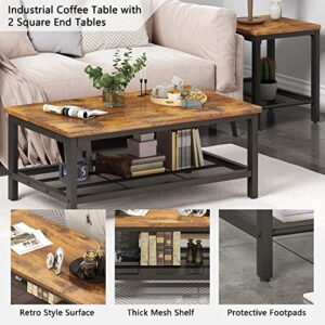 Lamerge 3 Pieces Living Room Table Set, Industrial Coffee Table with 2 Square End Side Tables, Coffee Table Set with Metal Frame for Apartment Home Office, Rustic Brown