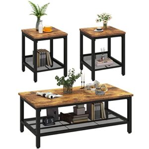 Lamerge 3 Pieces Living Room Table Set, Industrial Coffee Table with 2 Square End Side Tables, Coffee Table Set with Metal Frame for Apartment Home Office, Rustic Brown