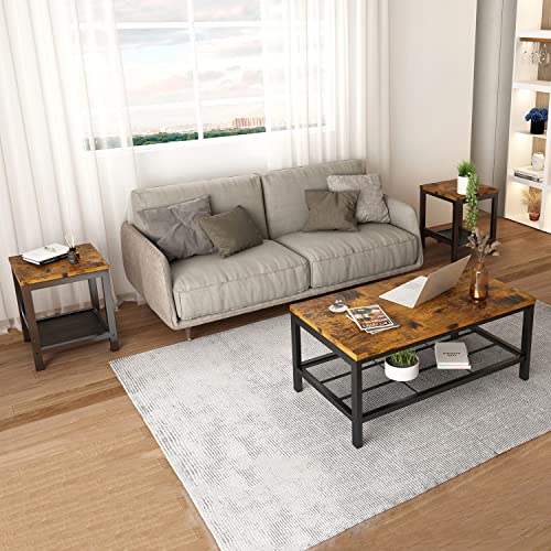 Lamerge 3 Pieces Living Room Table Set, Industrial Coffee Table with 2 Square End Side Tables, Coffee Table Set with Metal Frame for Apartment Home Office, Rustic Brown