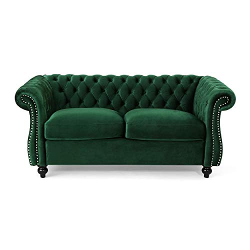 GDFStudio Christopher Knight Home Karen Traditional Chesterfield Loveseat Sofa, Emerald and Dark Brown, 61.75 x 33.75 x 27.75