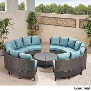 Christopher Knight Home Newton Outdoor 16-Seater Wicker Sectional Sofa Set with Water Resistant Cushions, Grey / Teal