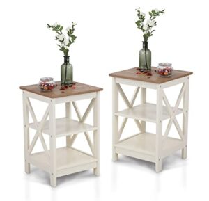 maison arts end tables living room set of 2 farmhouse side tables 3-tiers rustic nightstands with storage for bedroom, modern wood look mid century accent furniture, easy assembly, ivory