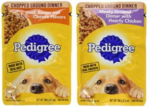 pedigree chopped ground dinner 8 pouch variety hearty chicken and beef, bacon, and cheese flavors, 4 each