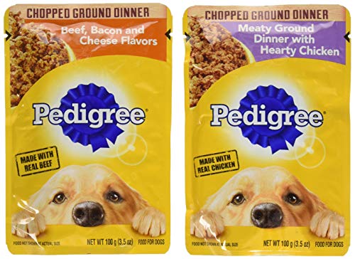 Pedigree Chopped Ground Dinner 8 Pouch Variety Hearty Chicken and Beef, Bacon, and Cheese Flavors, 4 Each