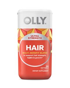 olly ultra strength hair softgels, supports hair strength, health and growth, biotin, keratin, vitamin d, b12, hair supplement, 30 day supply – 30 count (packaging may vary)