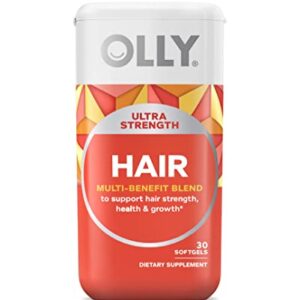 OLLY Ultra Strength Hair Softgels, Supports Hair Strength, Health and Growth, Biotin, Keratin, Vitamin D, B12, Hair Supplement, 30 Day Supply - 30 Count (Packaging May Vary)