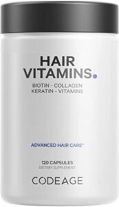 codeage hair vitamins 10000 mcg biotin, keratin, collagen, vitamin a, b12, c, d3, e, zinc, inositol – hair care support for strength, thickness growth – healthy hair supplement pills – 120 capsules