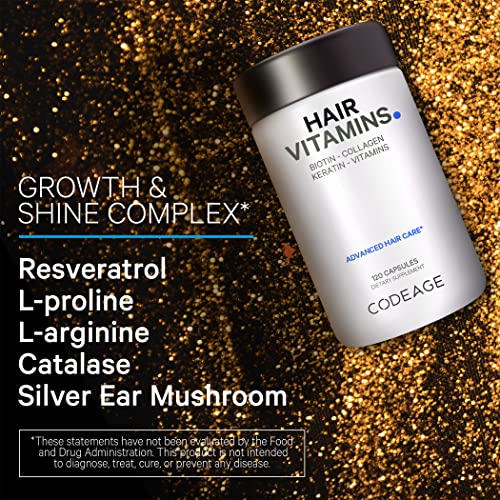 Codeage Hair Vitamins 10000 mcg Biotin, Keratin, Collagen, Vitamin A, B12, C, D3, E, Zinc, Inositol - Hair Care Support for Strength, Thickness Growth - Healthy Hair Supplement Pills - 120 Capsules