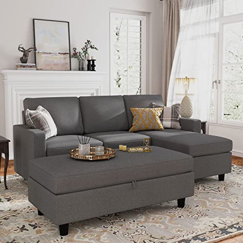 HONBAY Reversible Sectional Couch with Ottoman L-Shaped Sofa for Small Spaces Sectional Sofa with Chaise in Dark Grey