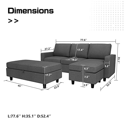 HONBAY Reversible Sectional Couch with Ottoman L-Shaped Sofa for Small Spaces Sectional Sofa with Chaise in Dark Grey