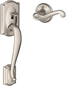 schlage fe285 cam 619 fla lh camelot front entry handleset with left-handed flair lever, lower half grip, satin nickel