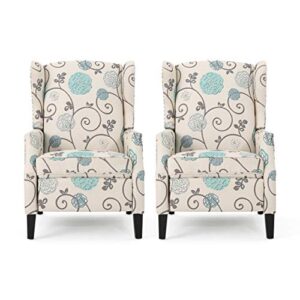 christopher knight home ellyn fabric recliner (set of 2), light beige with blue floral, dark brown