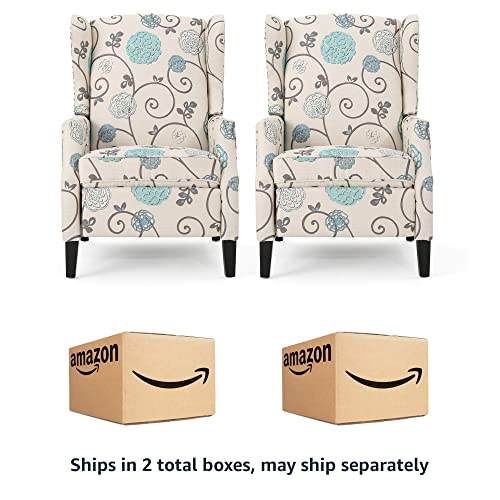 Christopher Knight Home Ellyn Fabric Recliner (Set of 2), Light Beige with Blue Floral, Dark Brown