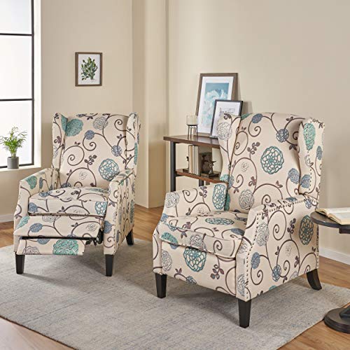 Christopher Knight Home Ellyn Fabric Recliner (Set of 2), Light Beige with Blue Floral, Dark Brown