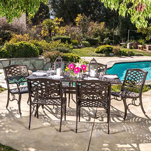 Christopher Knight Home Hallandale Outdoor Sarasota Cast Aluminum Rectangular Dining Set, 7-Pcs Set, Hammered Bronze